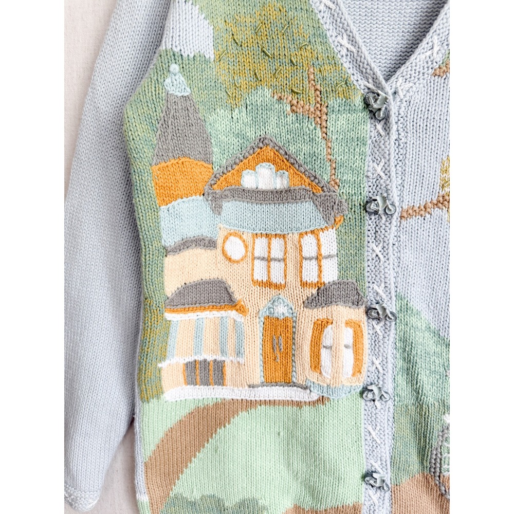 Storybook Knits Cardigan Victorian House Bicycle Novelty Small Blue Handknit S - Picture 3 of 10